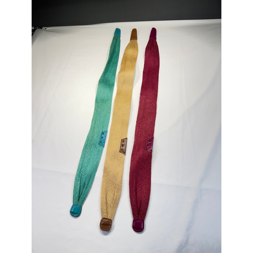 Vintage Woven Straw Waist Belts Set of 3 Lot Teal Tan Burgundy Boho Raffia Style